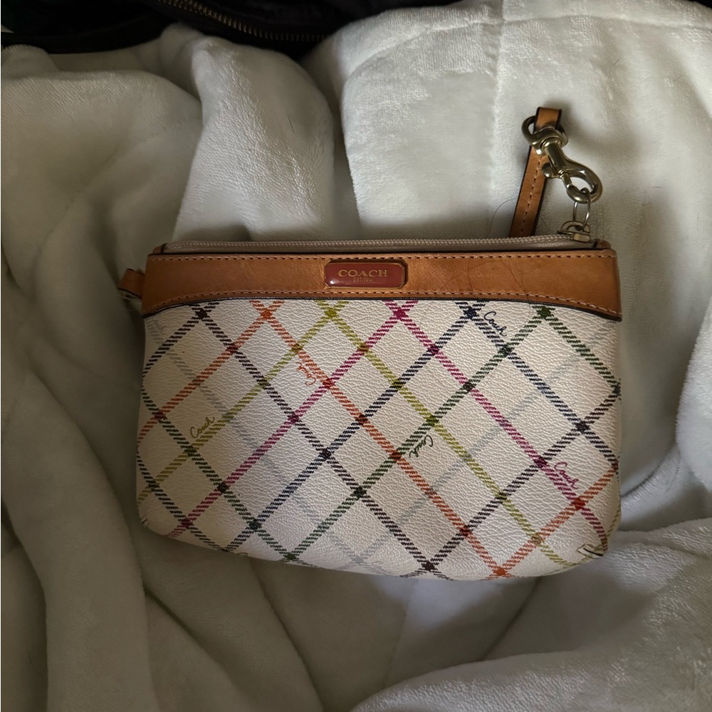 Coach Tan and Multicolor Check Wristlet